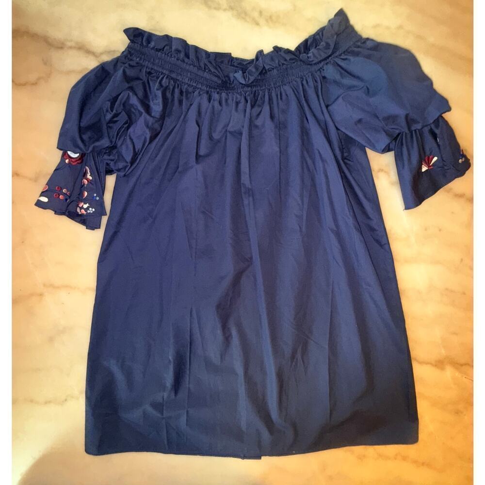 Nwt Parker Off The Shoulder Floral Embroidery Navy Blue Large Mini Dress — image 2 of 8